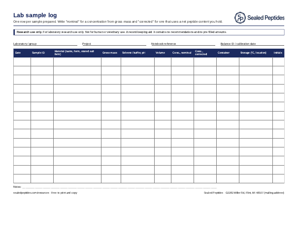 Preview of the Lab sample log sheet