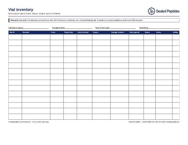 Preview of the Vial inventory sheet